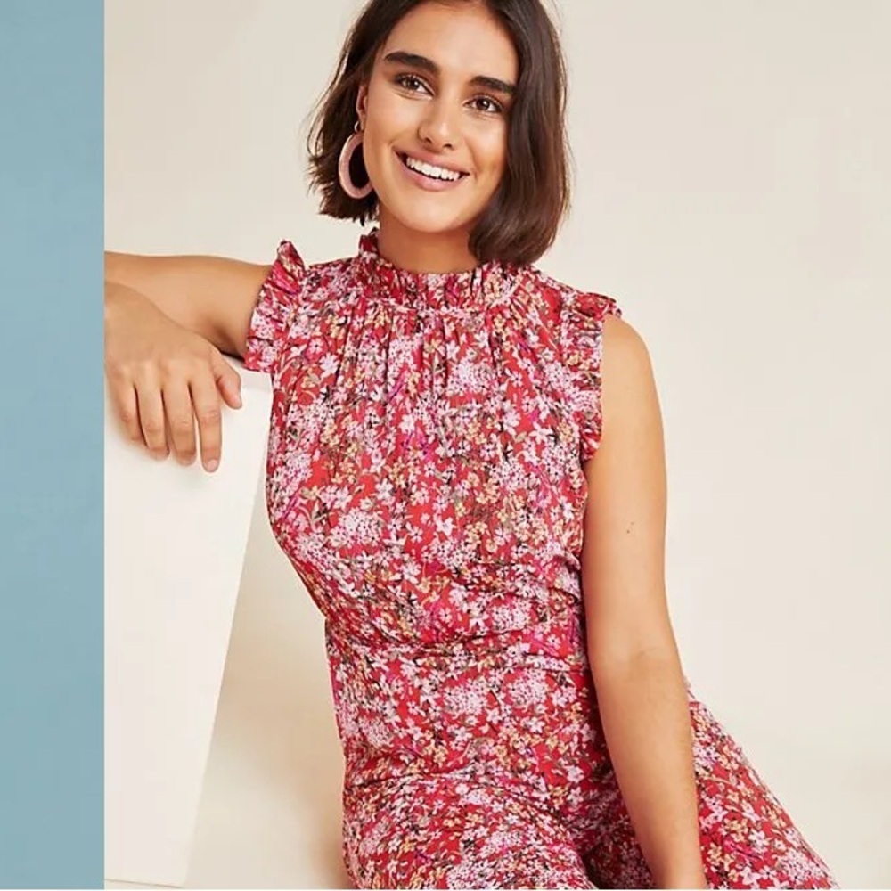 Anthropologie Ali & Jay Women Troubadour Red Floral Ruffle Jumpsuit Size Small